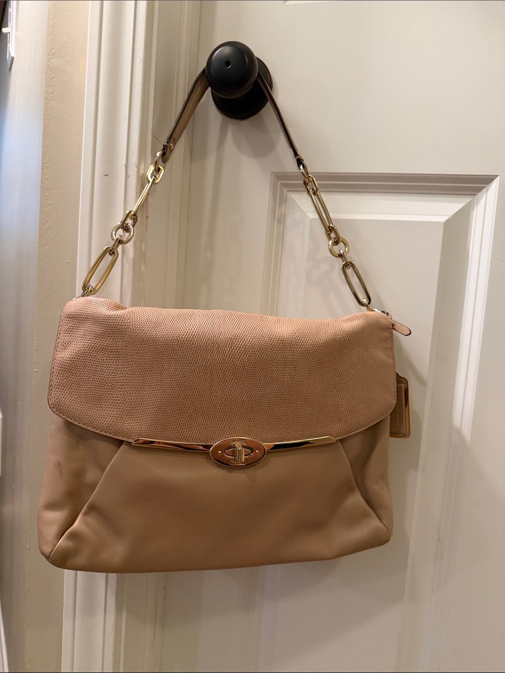 Women’s Neutral Beige Shoulder Bag with Gold Hardware